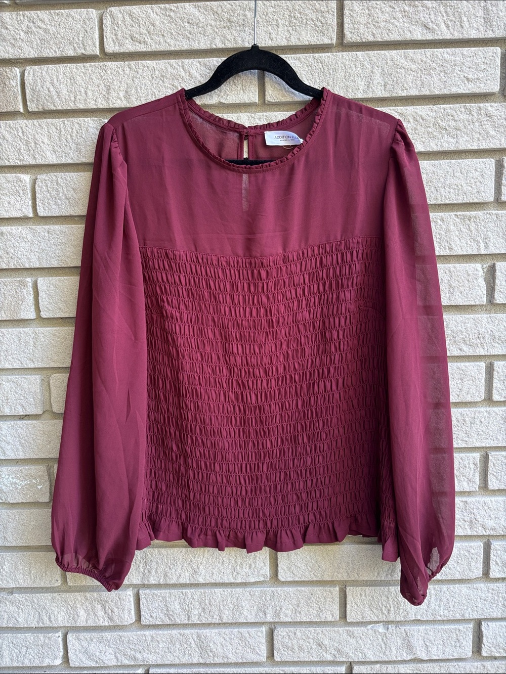 Addition Elle Burgundy Smocked Long-Sleeve Sheer a blouse Puff Sleeves 2X